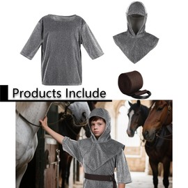 UQJE Kids Renaissance Imitative Chain Mail Shirt with Coif Medieval Knight Costume Armor Tunic Costume Belt Set