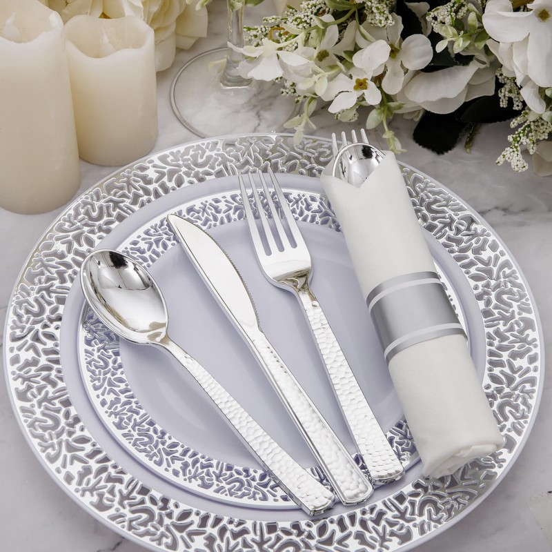 Supernal 60 Pack Pre-Rolled Silver Plastic Cutlery Heavy Duty Wrapped