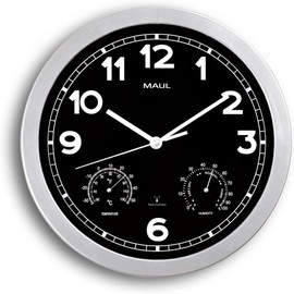 Maul Wanduhr MAULdrive Ø 30cm | stilvolle Uhr mit schwarzem Ziffernblatt | inkl. Thermometer und Hygrometer | automatische Zeiteinstellung | ideal für Büro, Zuhause und Besprechungsraum | Silber