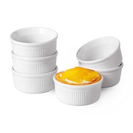 ComSaf Porcelain Ramekin Bowls for Baking(6 oz), Souffle Dish for Creme Brulee, Custards, Pudding, Dessert, Ice Cream, Dipping Sauce, Set of 6, White
