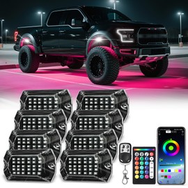 8 Pods Full Angle RGB LED Rock Lights for Truck ATV UTV RSR Offroad RV SUV, Waterproof Multicolor Neon Underglow Kit with Bluetooth APP/RF Remote, Vehicle Accent Underbody Light Underneath 12V