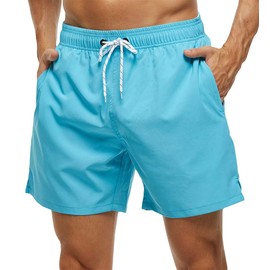 Tyhengta Men's Stretch Swim Trunks Quick Dry Beach Shorts with Zipper Pockets and Mesh Lining Sky-Blue 34