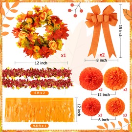 Suncalla 16 Pcs Fall Golf Cart Decorations Autumn Thanksgiving Party Decorations Festival Bowties Fall Wreath Tinsel Garland Fringe Tissue Paper Flowers for Golf Cart Party Supplies Decor