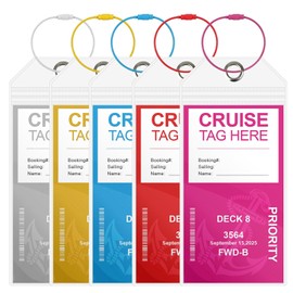 Cruise Luggage Tag Holders - Set of 5 Clear Tags for NCL, Princess, Carnival, MSC Ships. Waterproof Essentials & Accessories