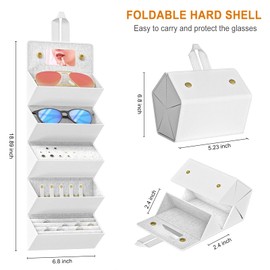NPOOYI Travel Case for Sunlgasses and Jewelry, Foldable Jewelry Case Eye Glasses Organizer, Hanging Loop, Interior Mirror, 5 Compartments for Eyewears, Rings, Necklaces, Earrings, White