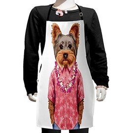 Ambesonne Yorkie Apron, Portrait of a Dog in Humanoid Form with a Pink Shirt with Hawaian Lei Fun Image, Small Apron Bib with Adjustable Ties for Baking Painting, Small Size, Multicolor