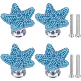 GORGECRAFT 4 Sets Starfish Ceramic Cabinet Knobs Marine Animals Theme Ocean Cartoon Style Blue Handmade Dresser Knob Drawer Pulls with Zinc Alloy Finding Iron Screw for Cupboard Kitchen Home