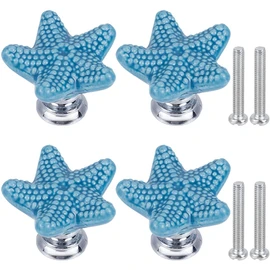 GORGECRAFT 4 Sets Starfish Ceramic Cabinet Knobs Marine Animals Theme Ocean Cartoon Style Blue Handmade Dresser Knob Drawer Pulls with Zinc Alloy Finding Iron Screw for Cupboard Kitchen Home