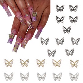 ALGLEA 20PCS Butterfly Nail Charms, 3D Butterfly Charm for Nail Alloy Butterfly Nail Art Charms with Gems and Rhinestones for Nail Design Cute Nail Art Decorations Supplies(Mix)