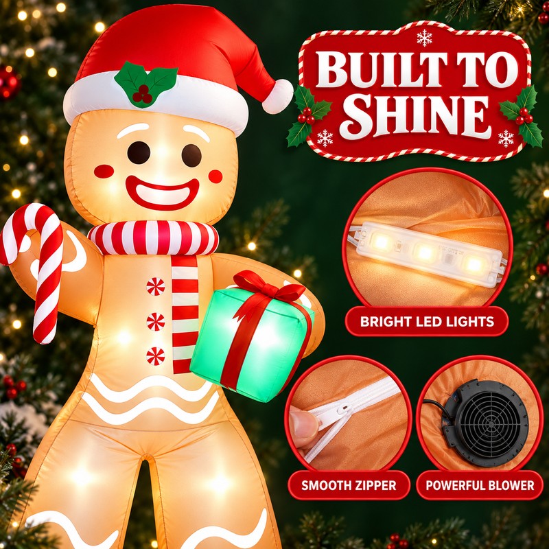 8FT Christmas Inflatable Gingerbread Man for Yard – LED Lighted