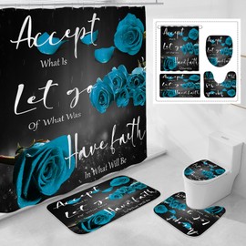 4 Pcs Teal Rose Shower Curtain Sets with Non-Slip Rug, Toilet Lid Cover and Bath Mat, Thankful Grateful Blessed Black Teal Retro Elegant Shower Curtain Valentine's Day Bathroom Set(Hooks Not Included)
