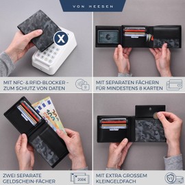 VON HEESEN Men's Leather Wallet with RFID Protection - Genuine Leather Wallet for Men - Women's Wallet, Black grey camouflage, landscape large (trifold)