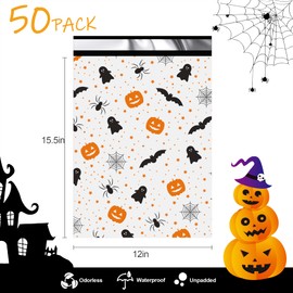 JinRuiKJ - Mailer de polietileno para Halloween, 12 x 15.5 pulgadas, 50 unidades, bolsas de envío impermeables y resistentes a desgarros para ropa, bonitos sobres con autosellado, bolsas de embalaje impresas de Halloween
