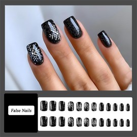 24 Pcs Christmas False Nails Short - Black Square French Tip False Nails With White Snowflake - Press on Nails with Glue - Black Stick on Nails for Women, Festival Holiday Fake Nail for Nails Art