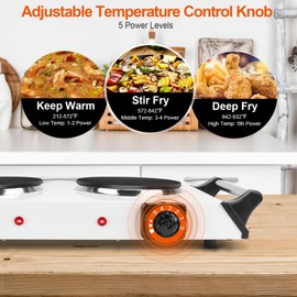 2000W Electric Dual Burner Portable Coil Heating Hot Plate Stove Countertop RV Hotplate with 5 Temperature Adjustments Portable Handles/White