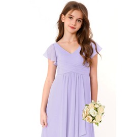 Chiffon Junior Bridesmaid Dresses for Girls Ruffle Sleeve Formal Party Wedding Guest V Neck Flower Girl Dress Sage Green-12