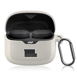 POZCIS for JBL Tune Buds Case Cover, Soft Silicone Protective Earbuds Case Front LED Visible, Only Compatible with JBL Tune Buds, Headphones Case with Carabiner Accessories Set(Off-White)