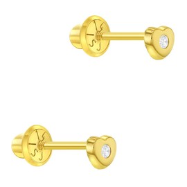 14k Yellow Gold 3mm Tiny Cubic Zirconia Heart Screw Back Earrings for Baby Girls to Toddlers - Cute & Elegant Heart CZ Screw Locking Back Stud Earrings for Little Girls