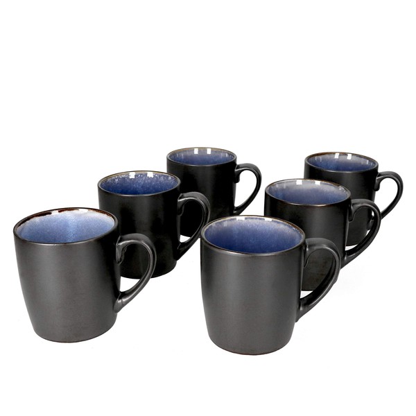 MamboCat Reactive Blue Set of 6 Coffee Mugs, Modern Stoneware Coffee Cups for 6 People, Robust and Handmade, 6 x Large Tea Cups, Design in Copper Look, Black/Blue, Set of 6