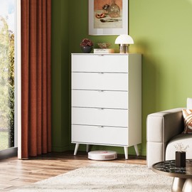 WLIVE 5 Drawer Dresser for Bedroom, Tall Wood Dresser, White Dressers Storage Organizer with Sturdy Metal Handle, Chest of Drawers for Living Room, Hallway, Closet