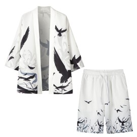 PRIJOUHE Mens Japanese Kimono Coat Suits Loose Open Front Seven Sleeve Kimono Cardigan Jacket with Shorts