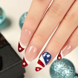 Press on Nails Medium Almond Fake Nails with Red Rench Tip Designs 4th of July Glue on Nails Star False Nails Press ons Independence Day Acrylic Stick on Nails for Women 24 Pcs