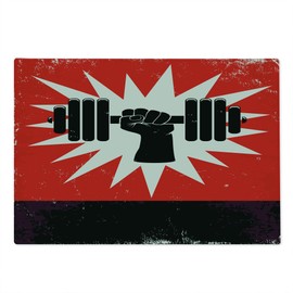 Ambesonne Fitness Cutting Board, Grunge Display of Hand Lifting Dumbbell Effect Workout Vintage Design, Decorative Tempered Glass Cutting and Serving Board, Large Size, Vermilion Black Cream