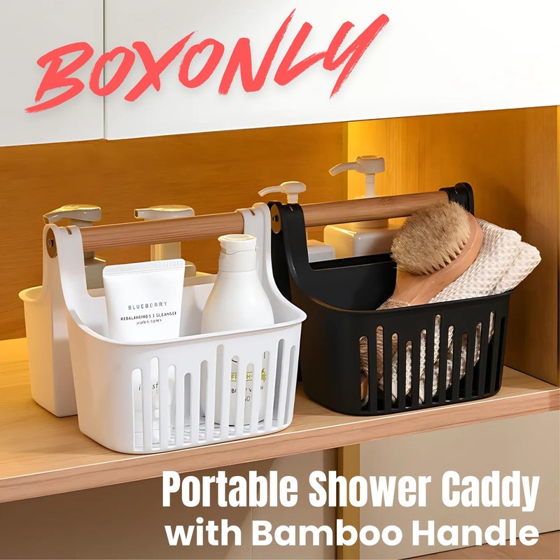 Boxonly Portable Bathroom Storage Basket - Bamboo Handle Organizer for