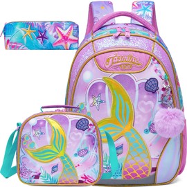 Meetbelify Mermaid Backpacks for Girls School Bag Cute Girls Backpacks Ages 8-10 with Lunch Box Kids Bookbag Set Travel Backpack for Elementary Students Backpack to School Supplies
