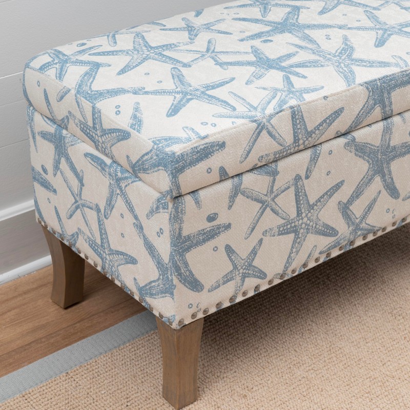 Linon Stephanie Cream and Light Blue Starfish Fully Upholstered Bench