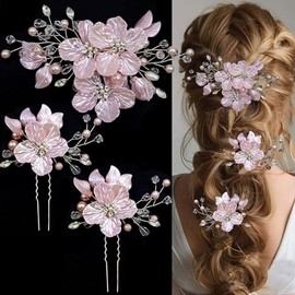 VelvetGlow 3 Pcs Large Flower Bridal Wedding Hair Pins Crystal Pearl Hair Clips Headpiece Bride Hair Accessories Jewelry with Rhinestone, Glitter Emboss Pink Flower