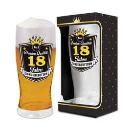Abc Casa Bierglas 0,5l zum 18. Geburtstag für Jungen, Mann, Freund, Bruder – Premium Qualität, 18 Jahre, Sonderedition – Geschenk für 18-Jährige im Geschenkbox