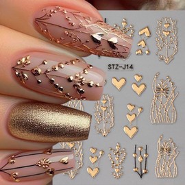 5D Embossed Flower Nail Art Stickers Decals French Carving Nail Art Decals Gold Silver Floral Heart Tree Nail Supplies Retro Luxury Manicure Accessories for Women Spring Summer Nail Decoration 3Pcs