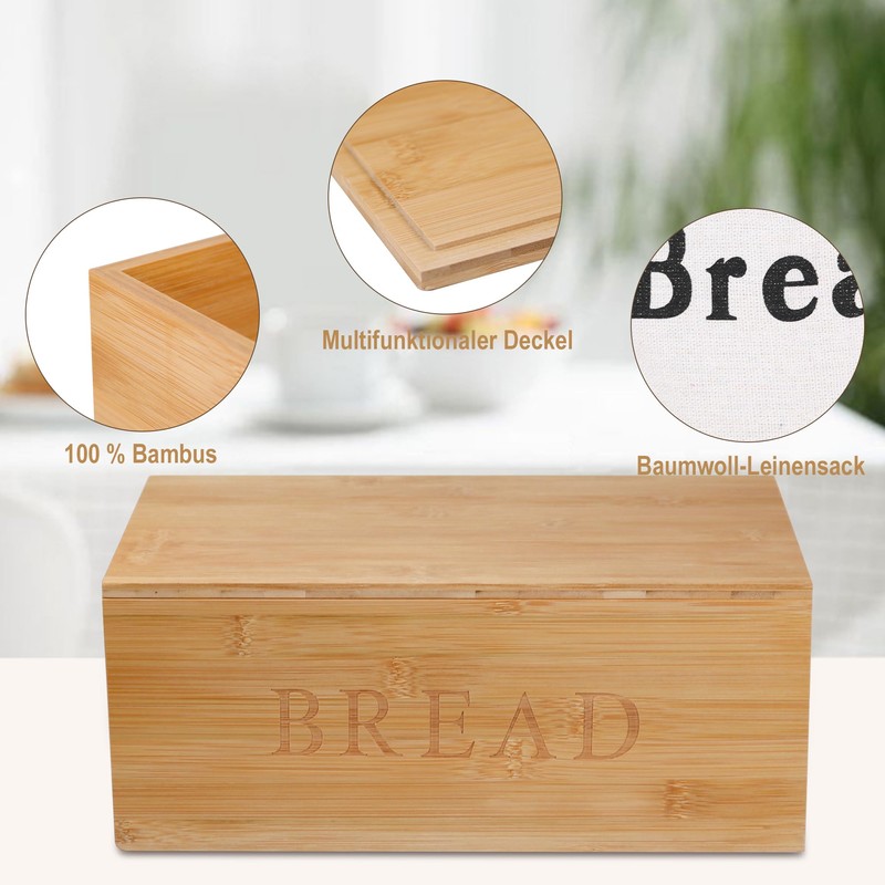Jasvelly Bamboo Bread Bin with Chopping Board Lid and Linen