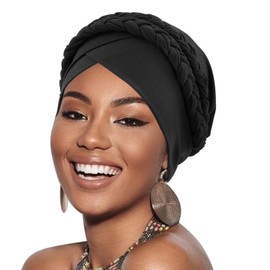 DRESHOW 1 Piece African Women's Turban Braid Headwear Headscarf Chemo Cap Pre-Tied Beanie Hat Head Wrap Sleep Hat, 1 x double twisted braid: black