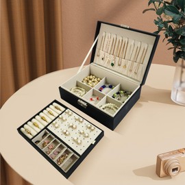 2 Layers PU Leather Jewelry Box Jewelry Organizer Box for Girls Gift Earring Organizer with Lock Jewelry Case Removable Tray for Necklace Earring Ring with Polishing Cloth and Jewelry Bags (Black)