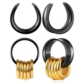 BOKABOO 2 Pairs Black Plugs Tunnels with 10pcs Gold Rings Stainless Steel Ear Gauges, 1/2 inch Gauges for Ears, 12mm(1/2 inch), Stainless Steel, no gemstone