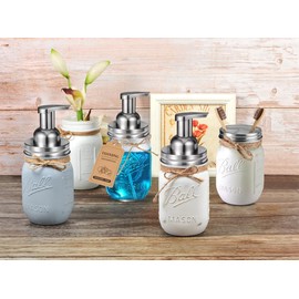 Komashr Mason Jar Bathroom Accessories Set(4pcs)-Jars Not Included - Foaming Soap Dispenser and Jars Lids for Regular Mouth jar, Wide Mouth Toothbrush Holder lid, Farmhouse Decor-Brushed Nickel