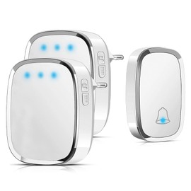 Aoreun Wireless Doorbell, Waterproof with 2 Receivers, Wireless Doorbell, 300 m Range, 36 Ringtones, 4 Volume Levels, LED Display, Doorbell, Wireless Set for Homes, Garden, White