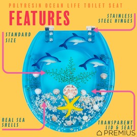 Polyresin Ocean Life Dolphins Toilet Seat By PREMIUS, Standard Round, 17 Inches, Clear-Blue, Ocean Theme with Unique Dolphins & Real Sea Shells Design, Comfortable & Stylish, Stainless Steel Hinges