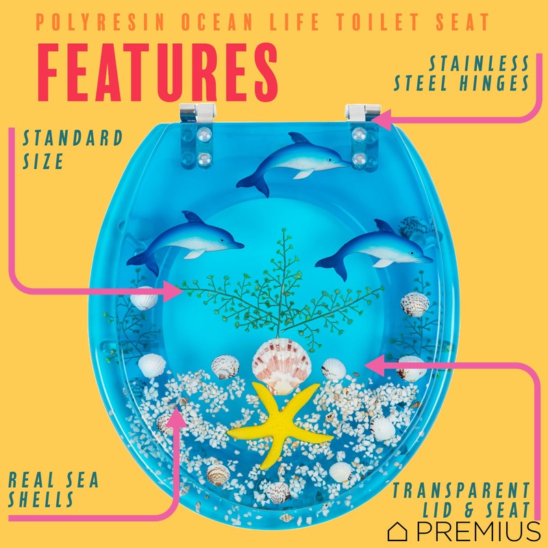 Polyresin Ocean Life Dolphins Toilet Seat By PREMIUS, Standard Round,