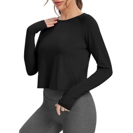 Bestisun Cute Winter Workout Dance Tops Activewear Hiking Yoga Gym Shirts Loose Fit Cropped Sweatshirts Fall Long Sleeve Thumbhole Shirts Black L