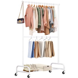 SLEEPING LAMB Double Rod Heavy Duty Clothes Racks for Hanging Clothes, Metal Rolling Garment Rack With Wheels Clothes Hanger Rack Wardrobe Racking for Coats, Shirts (White)