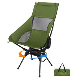 OUTTPLY Swivel Camping Chair, High Back Folding Chair with Head Support, Side Cup Pocket, Stable Portable Outdoor Chair for Camp, Travel, Beach, Party, Fishing, Hiking, Backpacking