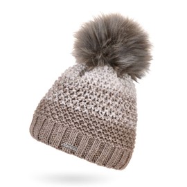 Neverless® Women's Knitted Hat Lined Fleece Fur Pom Faux Fur Winter Hat Bobble Hat Chunky Knit Multicoloured, Dark Beige-Light Beige