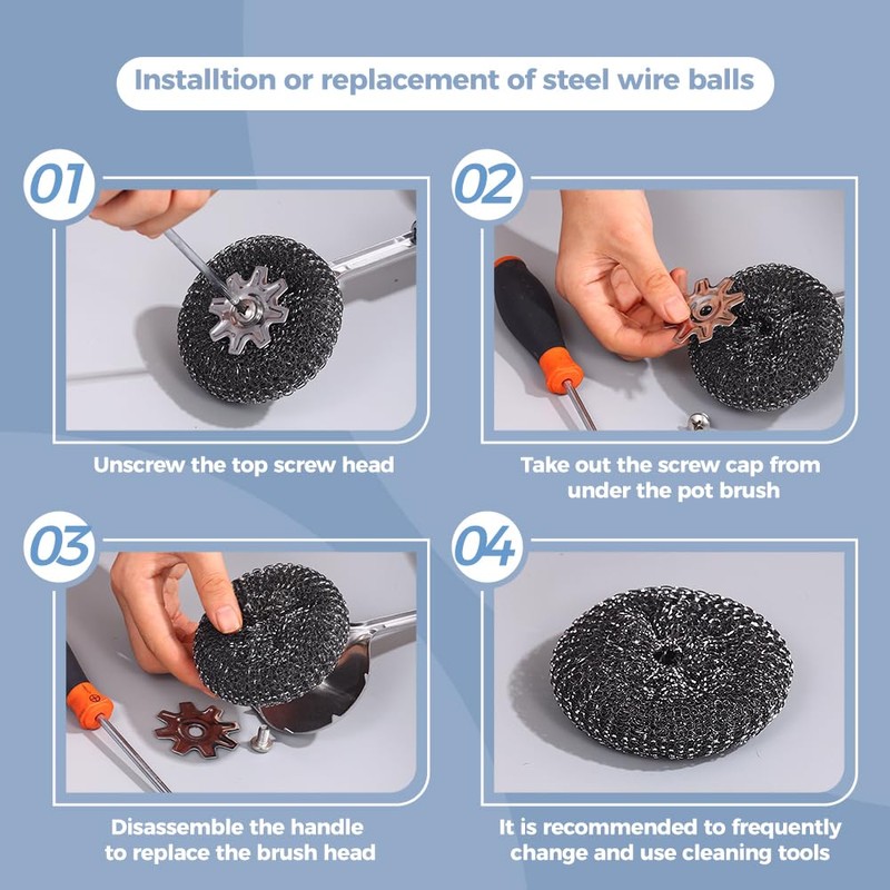 orimetre Long Handle Steel Wool Brush Set – 6 Replacement