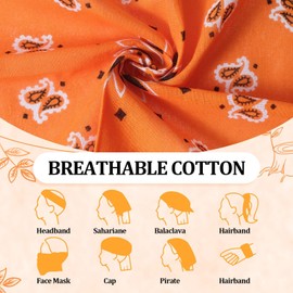 PJPSAA 4 Pack Cotton Bandana Paisley Bandanas Headband Cowboy Head Wrap Handkerchief Scarf for Women Men(Orange)