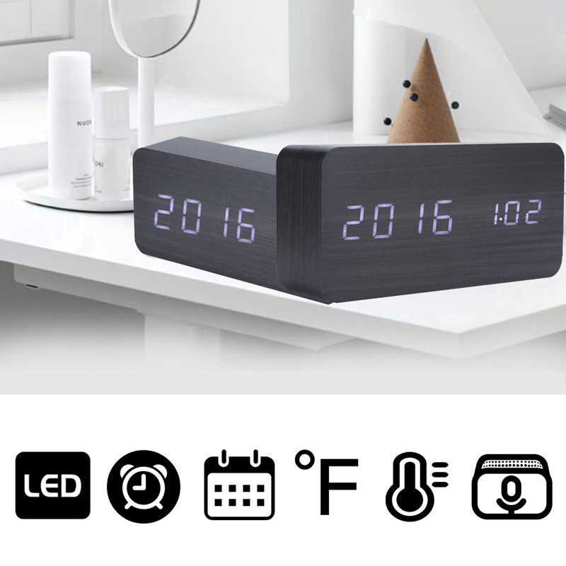 LED Wooden Alarm Clock Electronic Voice Control Temperature Date Table