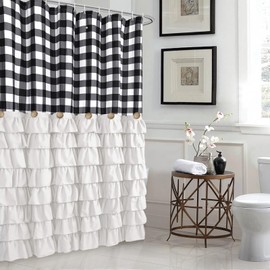 Seasonwood White Ruffle Farmhouse Shower Curtain Set with 12 Hooks 72 X 72inch Black and White Buffalo Plaid Pattern Fabric Shower Curtains with Buttons for Bathroom Bathtubs Decor Accessory
