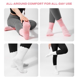 COOLMATE 3 Pairs Ruffle Pilates Socks with Grips for Women, Cute Non - Slip Crew Socks for Yoga, Barre, Lagree, Gift for Mom (US, Numeric, 6, 10, Regular, Regular, Black/White/Pink (3 Pairs))
